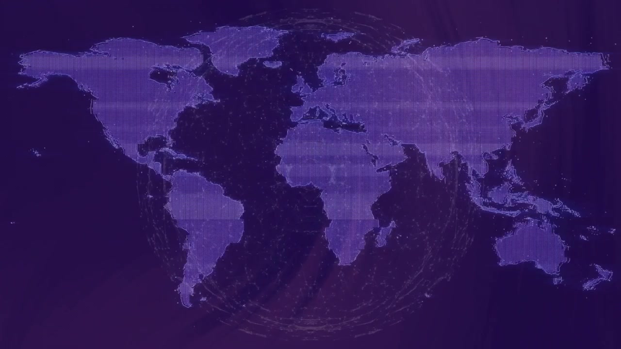 3D globe emerging behind map, rotating with data arcs, nodes forming dotted map mapping data flow