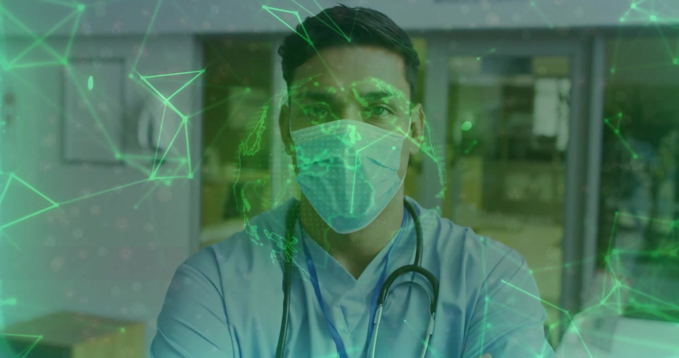 Medico con stetoscopio in ospedale che attiva un overlay di dati con nodi di rete verdi pulsanti.