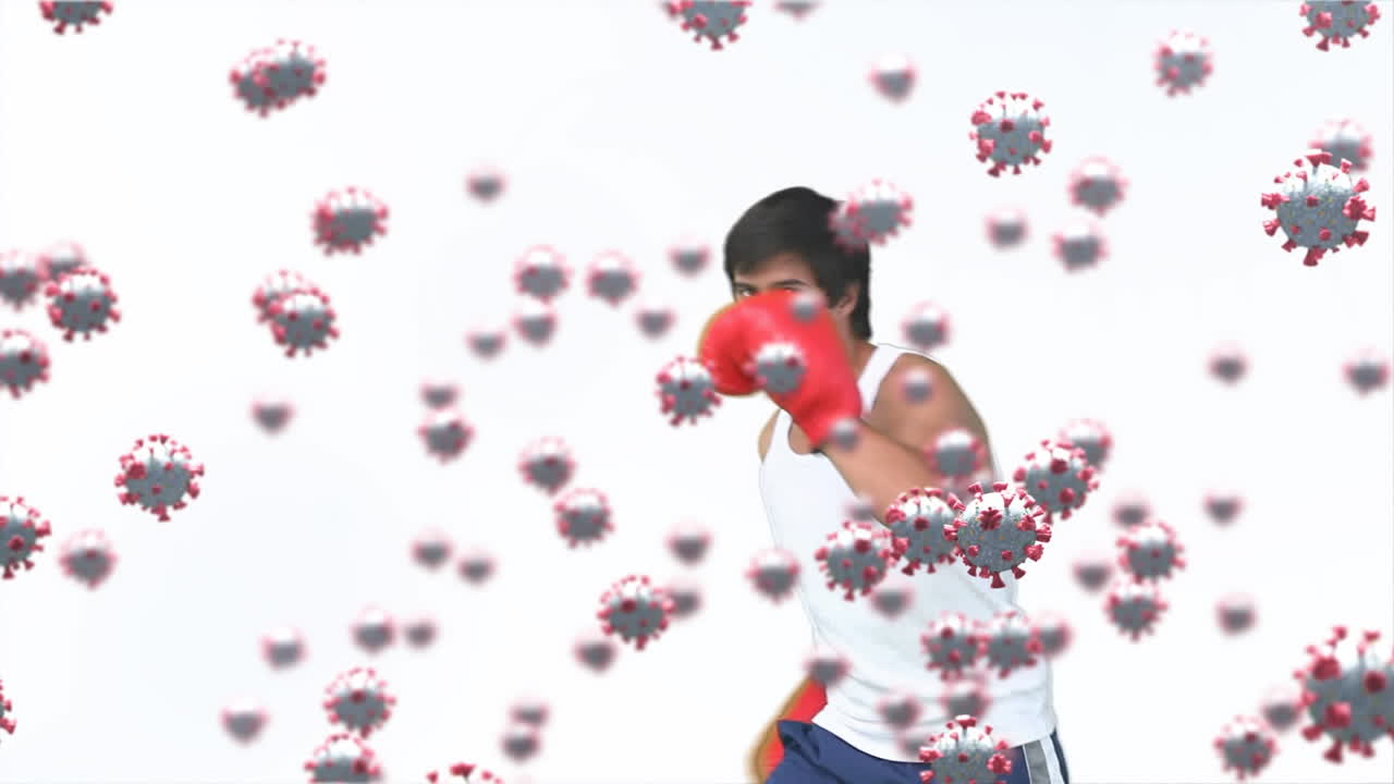 두 인종의 남자 권투 위에 떠다니는 바이러스 세포의 애니메이션