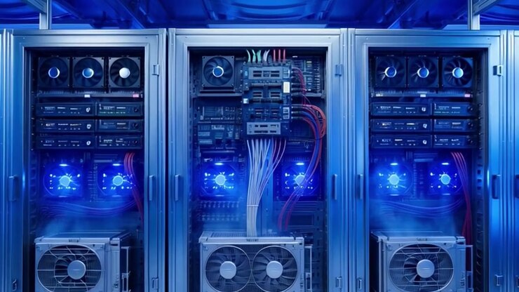Modern Server Room with Glowing Blue Computer Hardware