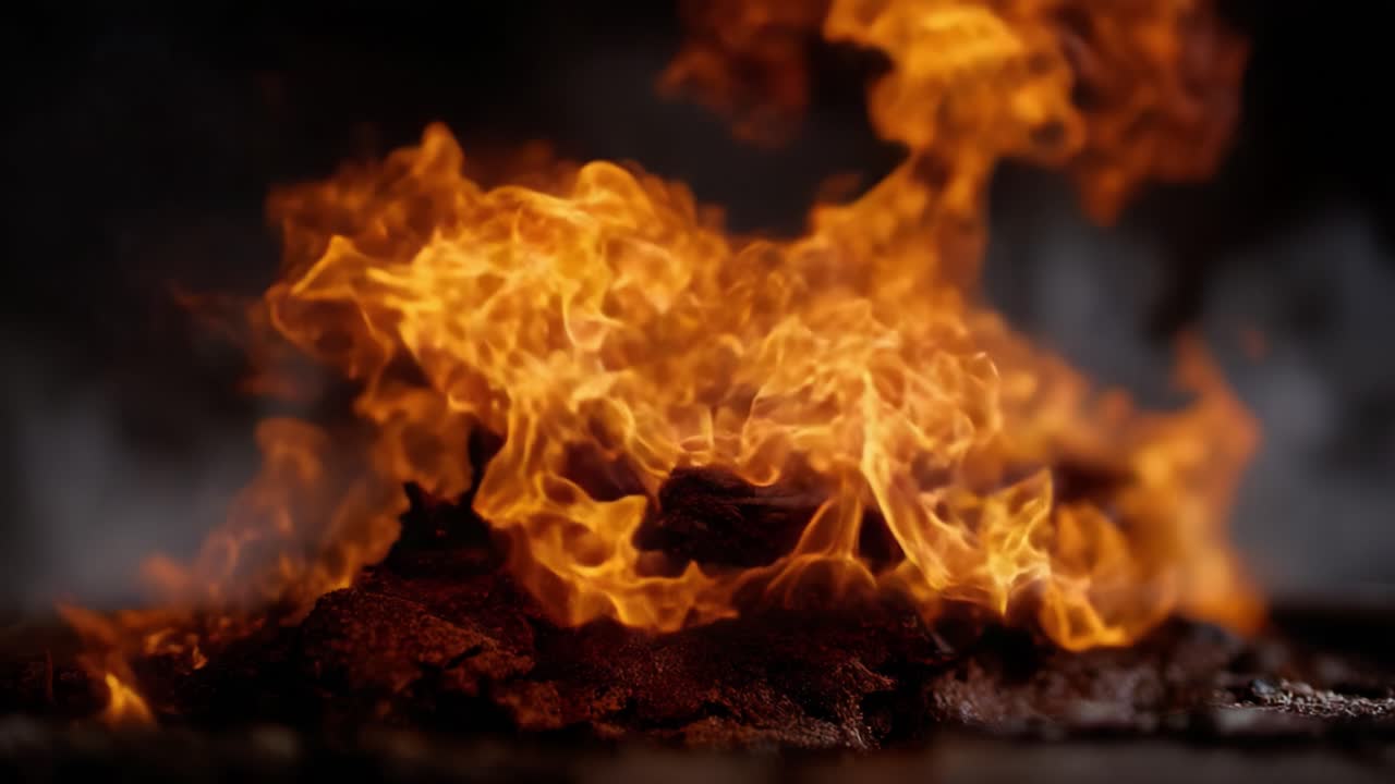 Captivating Flames Dance Vividly Over Smoldering Embers, Creating a Mesmerizing Display of Fire's Elemental Beauty and Raw Energy in a Blackened Environment