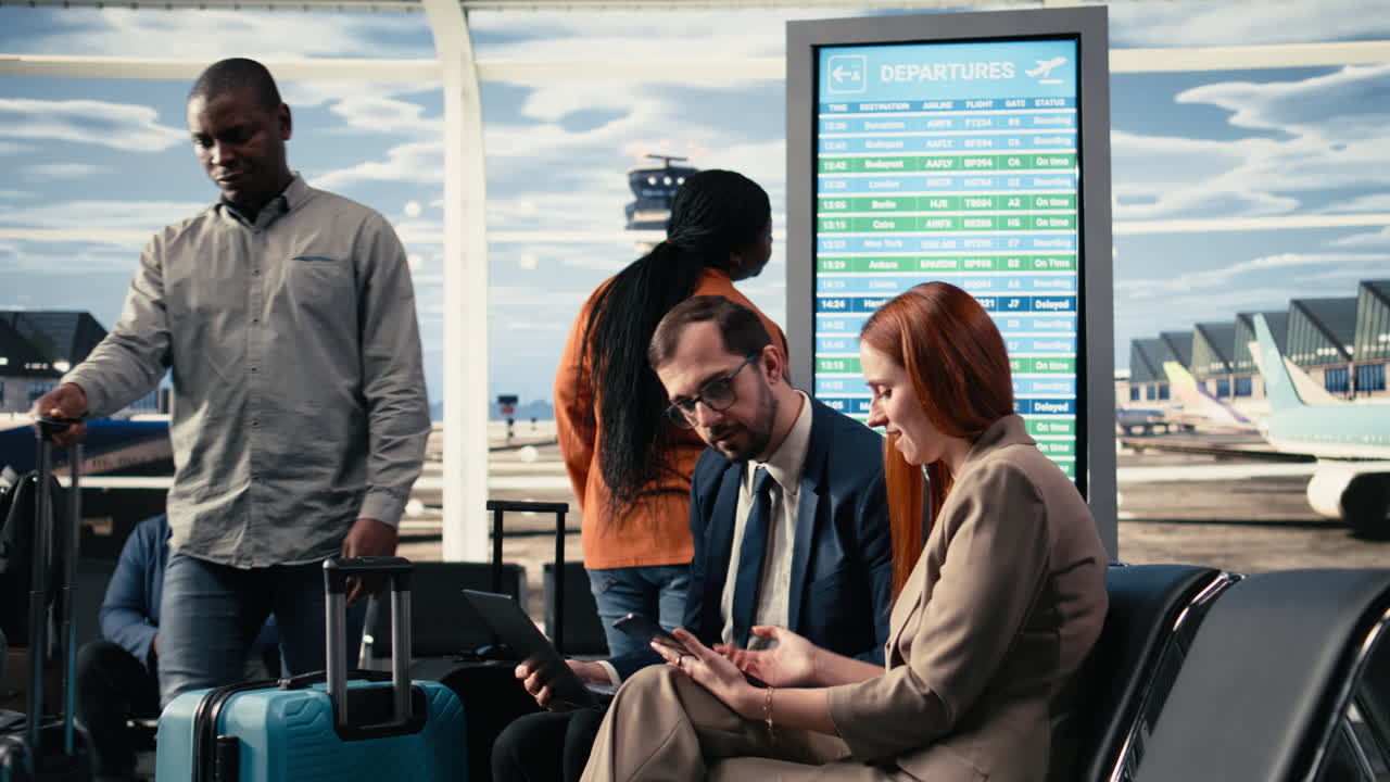 Colleghi di lavoro al lavoro vicino al gate di partenza in un terminal aeroportuale.
