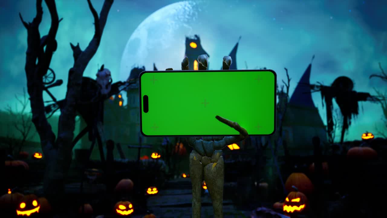 스레트 손이 녹색 화면으로 상승하는 스마트 폰, 박와 함께 할로윈 유령 집, 무서운 달 아래 호박 영화 비디오 애니메이션 배경