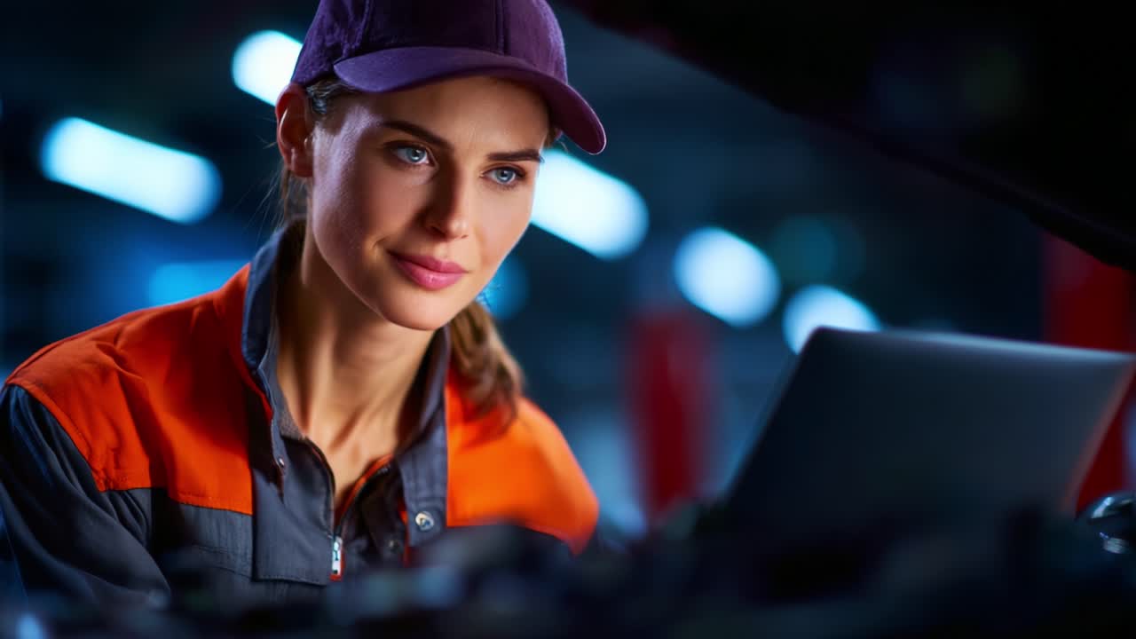A skilled female mechanic focused on automotive diagnostics, utilizing computer technology to troubleshoot issues under the hood of a car in a professional garage setting