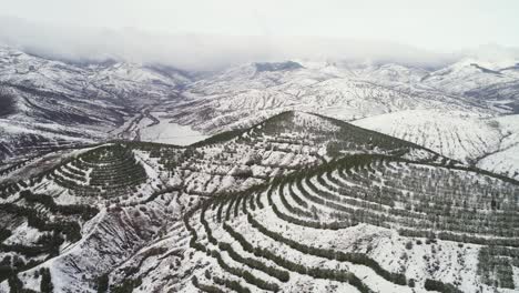 snowy mountain landscape with terraced hillsides