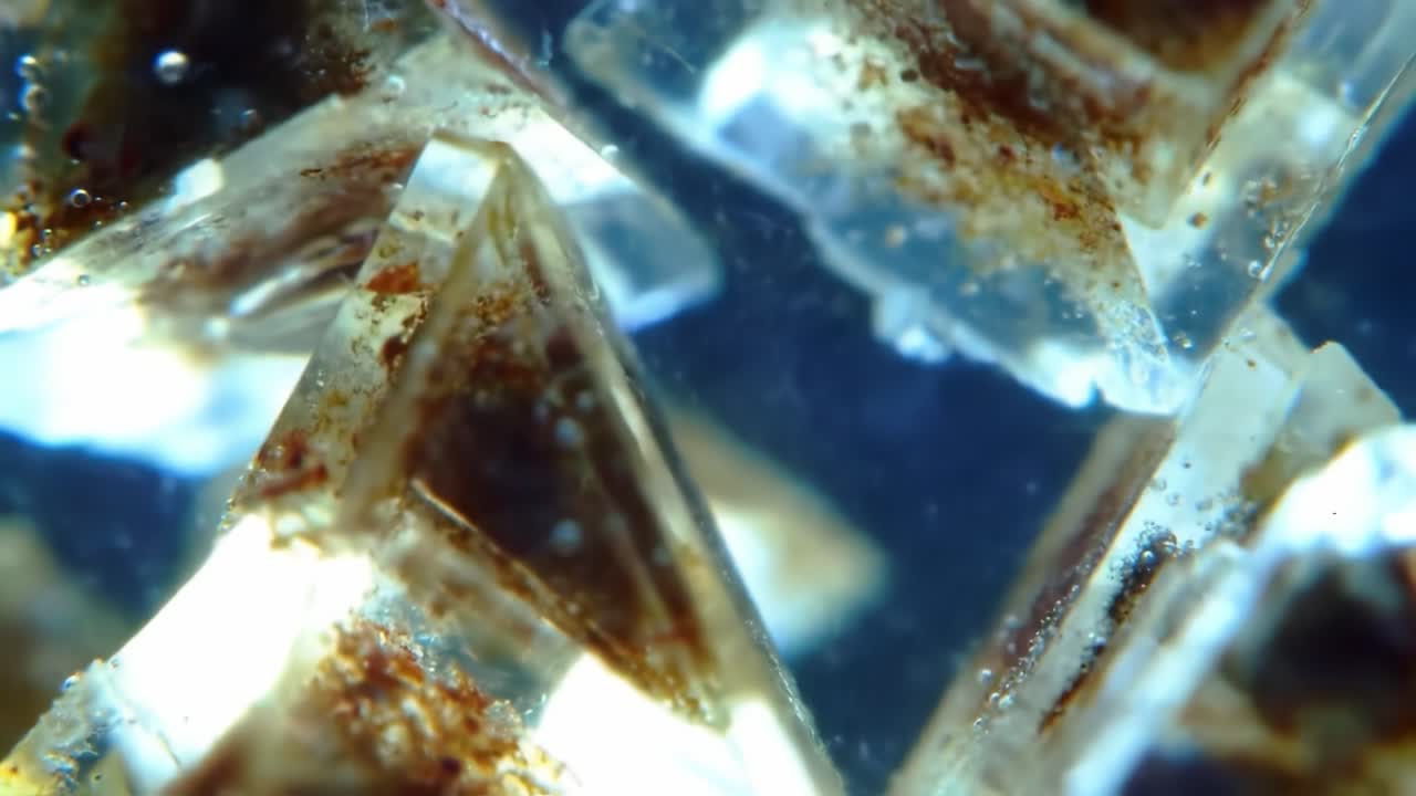 Breathtaking Macro View of Brownish Crystals in Clear Liquid, Showcasing Intricate Patterns and Bubbles, Captured in High Definition with Stunning Detail and Depth
