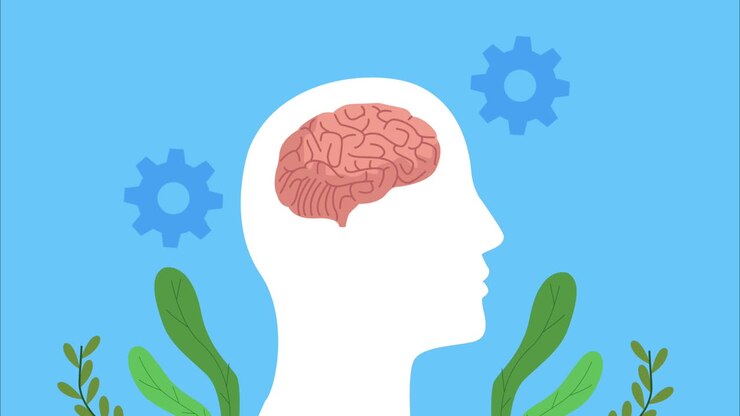 mental health animation with profile silhouette and brain and gears