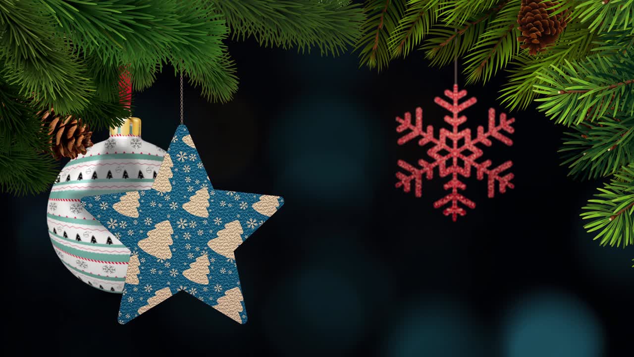 los adornos de navidad y los pinos se balancean en un fondo bokeh en bucle
