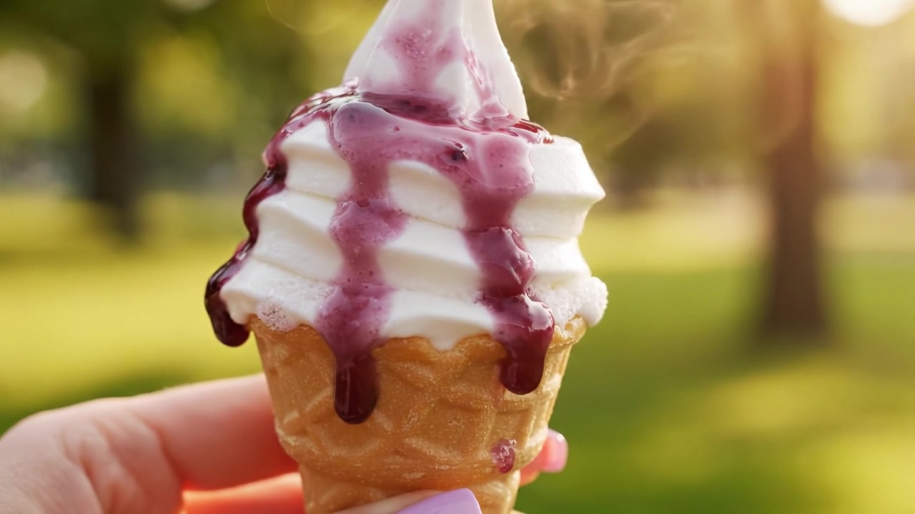 Delicioso cono de helado con espirales de vainilla cremosa cubierto con salsa de frutos rojos, perfecto para un día cálido en el parque, disfrutando de momentos de dulces delicias.