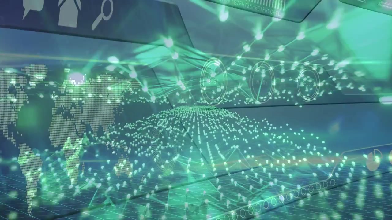 Faint particles appearing, layered network forming domed point cloud visualizing network operations