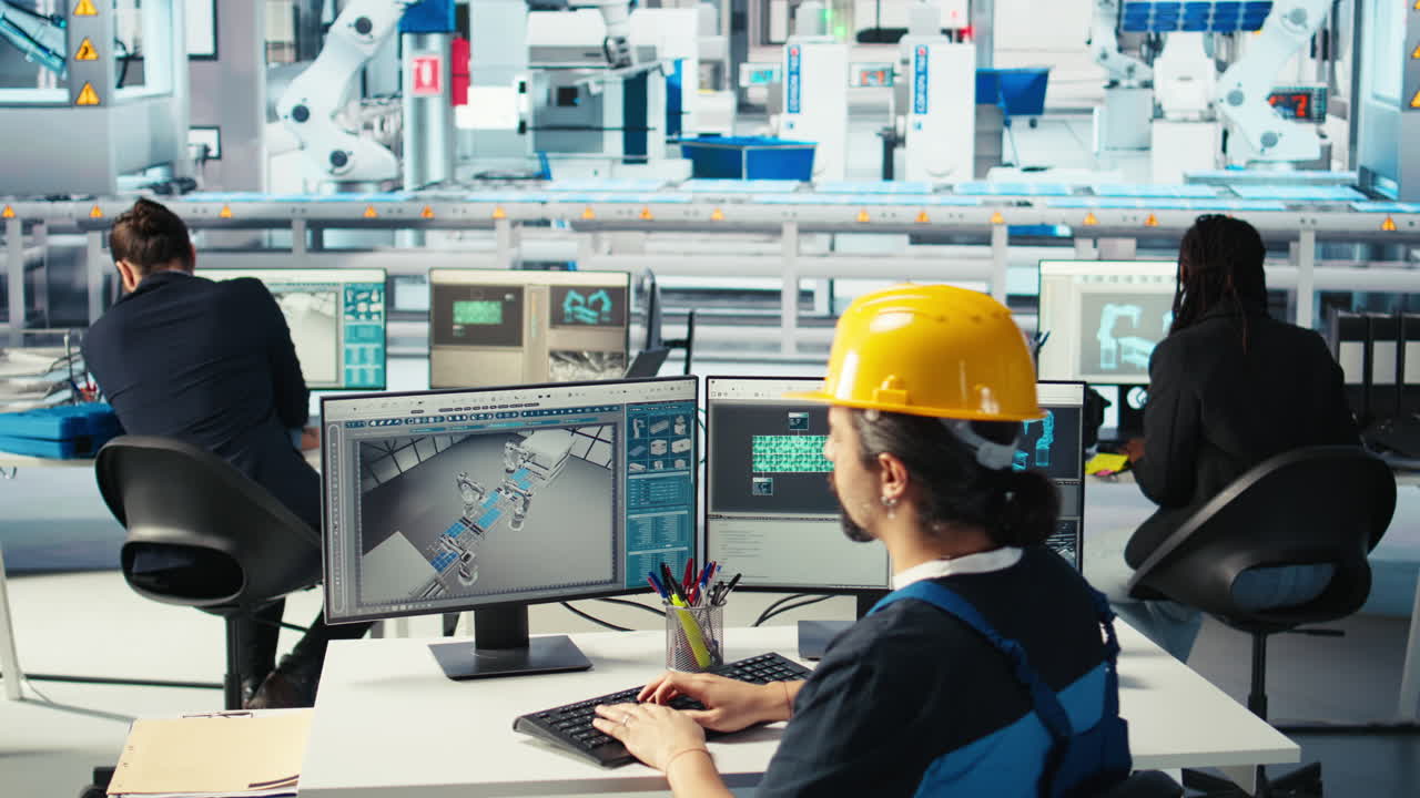 ingegnere di fabbrica fotovoltaica che pianifica il lavoro sul pavimento dell'impianto con il software cad