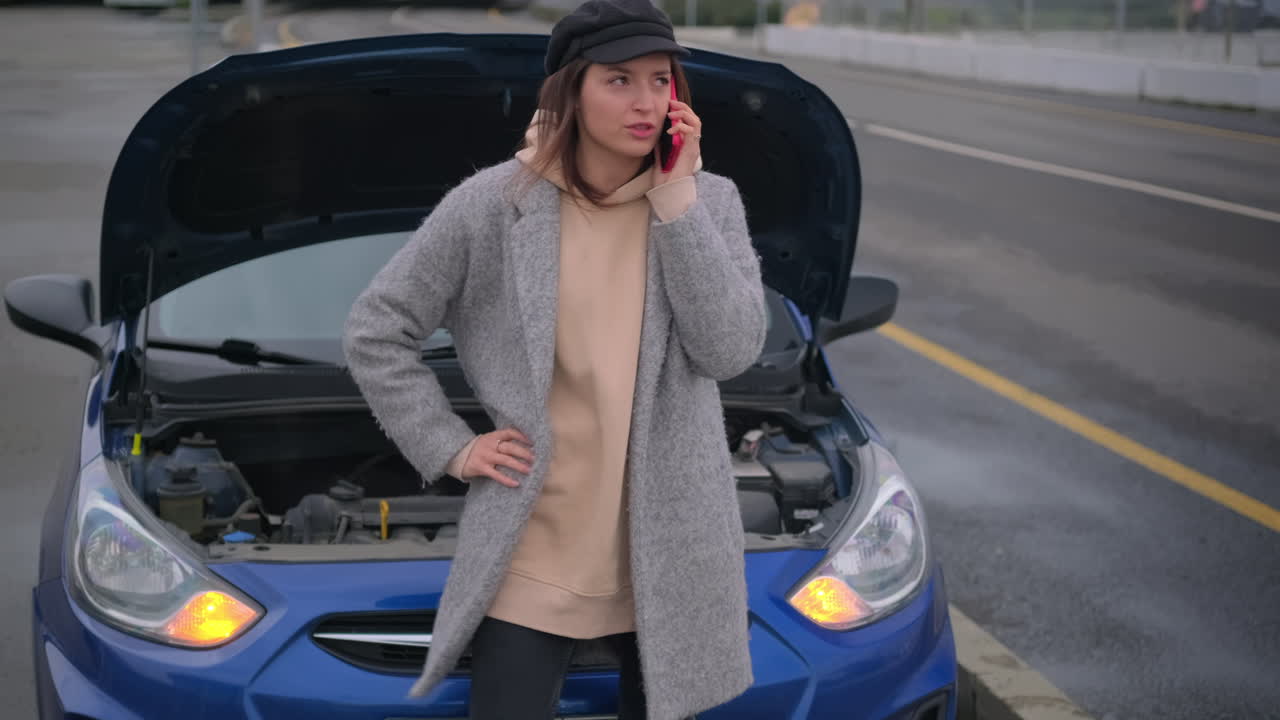 женщина просит помощи на дороге с сломанной машиной