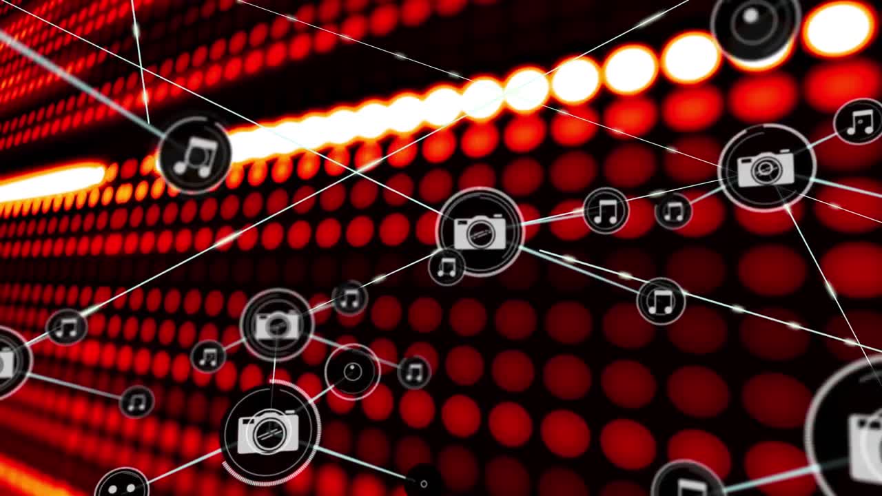 animación de la red de conexiones de iconos de cámara en fondo negro con luces rojas