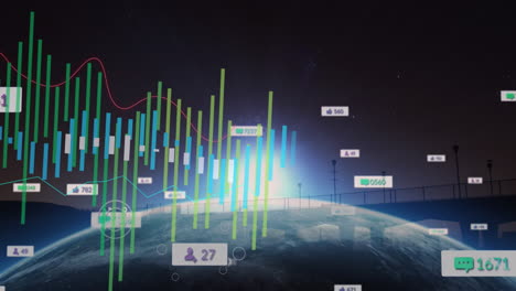 animation of financial data and graphs over globe and light