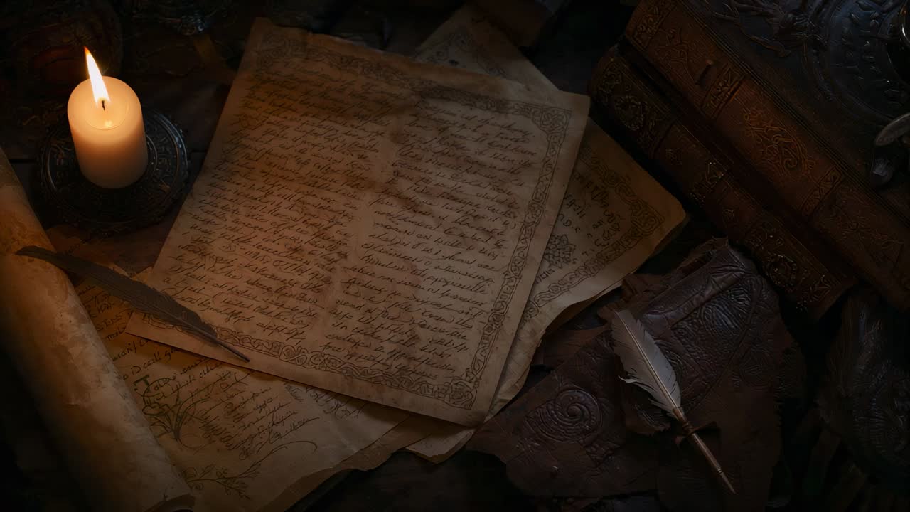 Flickering candle flame casting shadows across desk, revealing parchment texture and embossing