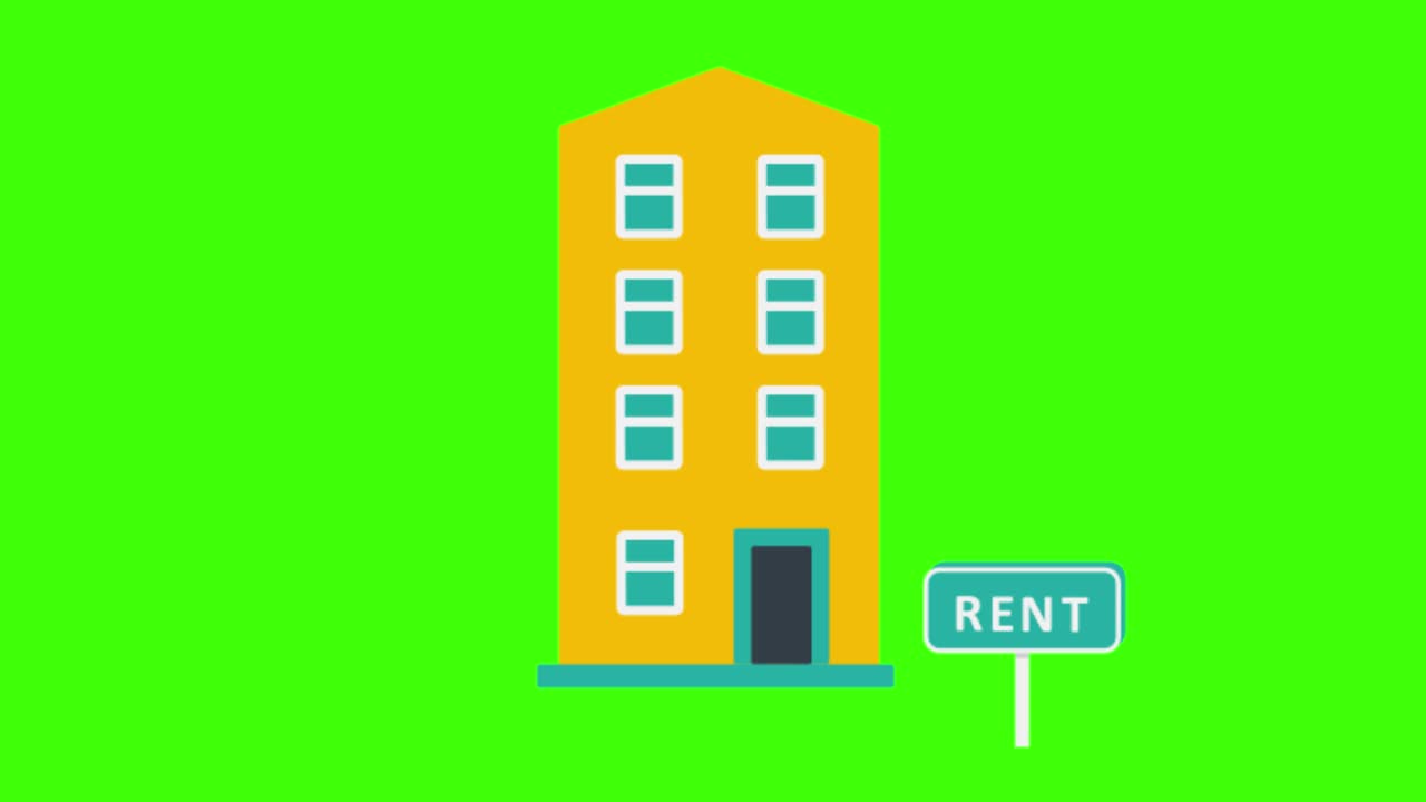 Icone di edifici e cartelli 'AFFITTO' compaiono su schermo verde. Immobili in affitto