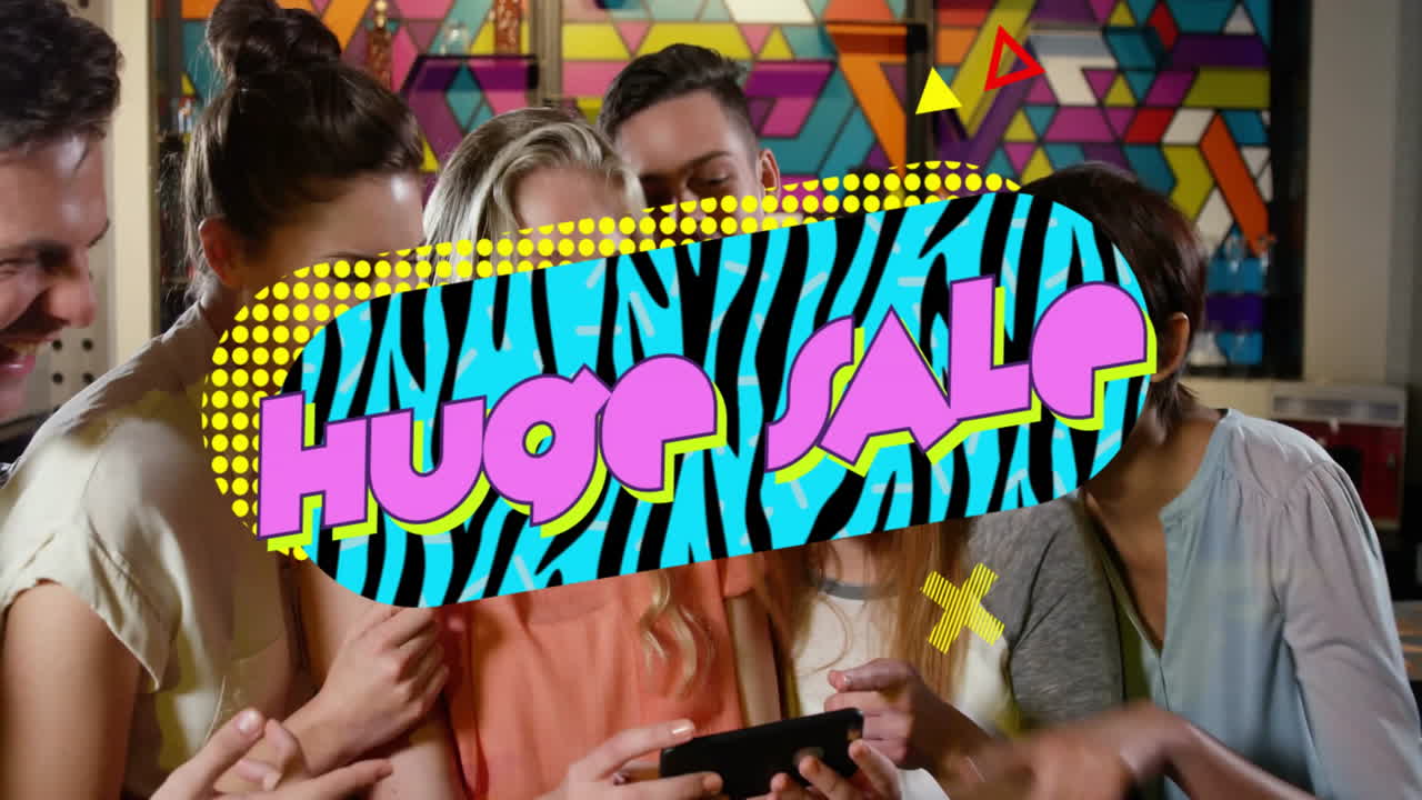 Group of people using smartphone with Huge Sale text animation overlay