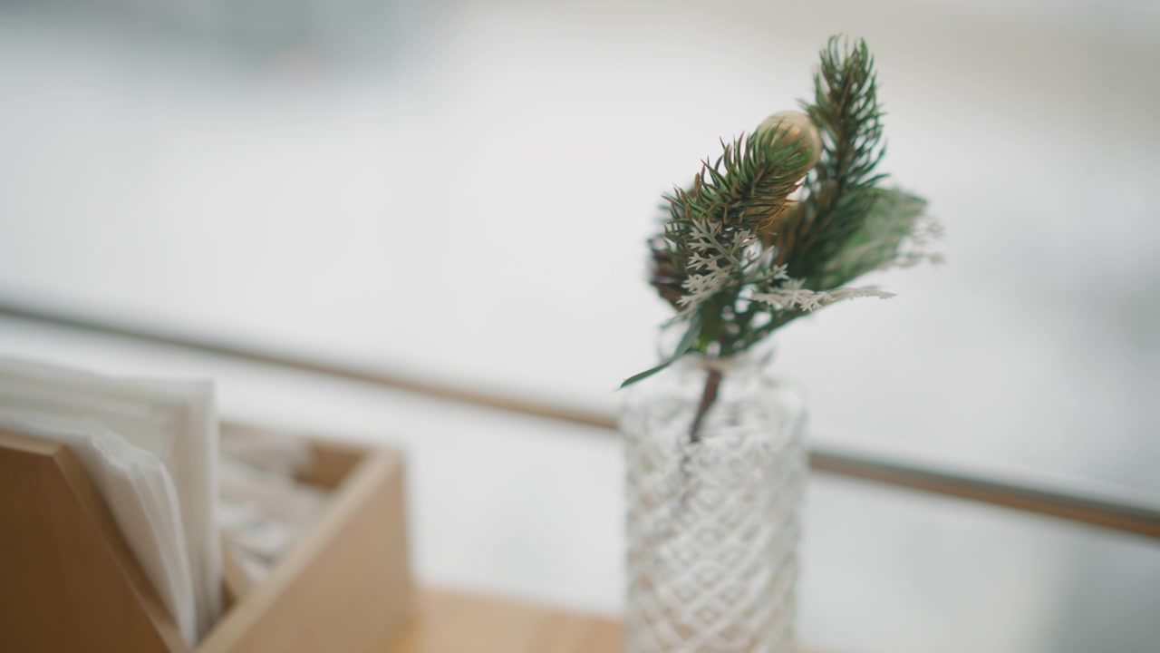Primo piano mostra uno stretto vaso di vetro testurizzato che contiene un piccolo rametto sempreverde che si inclina in avanti con un leggero ondeggiamento, mentre la luce naturale da una grande finestra rivela il motivo del vetro, riflessi morbidi e tranquillità.