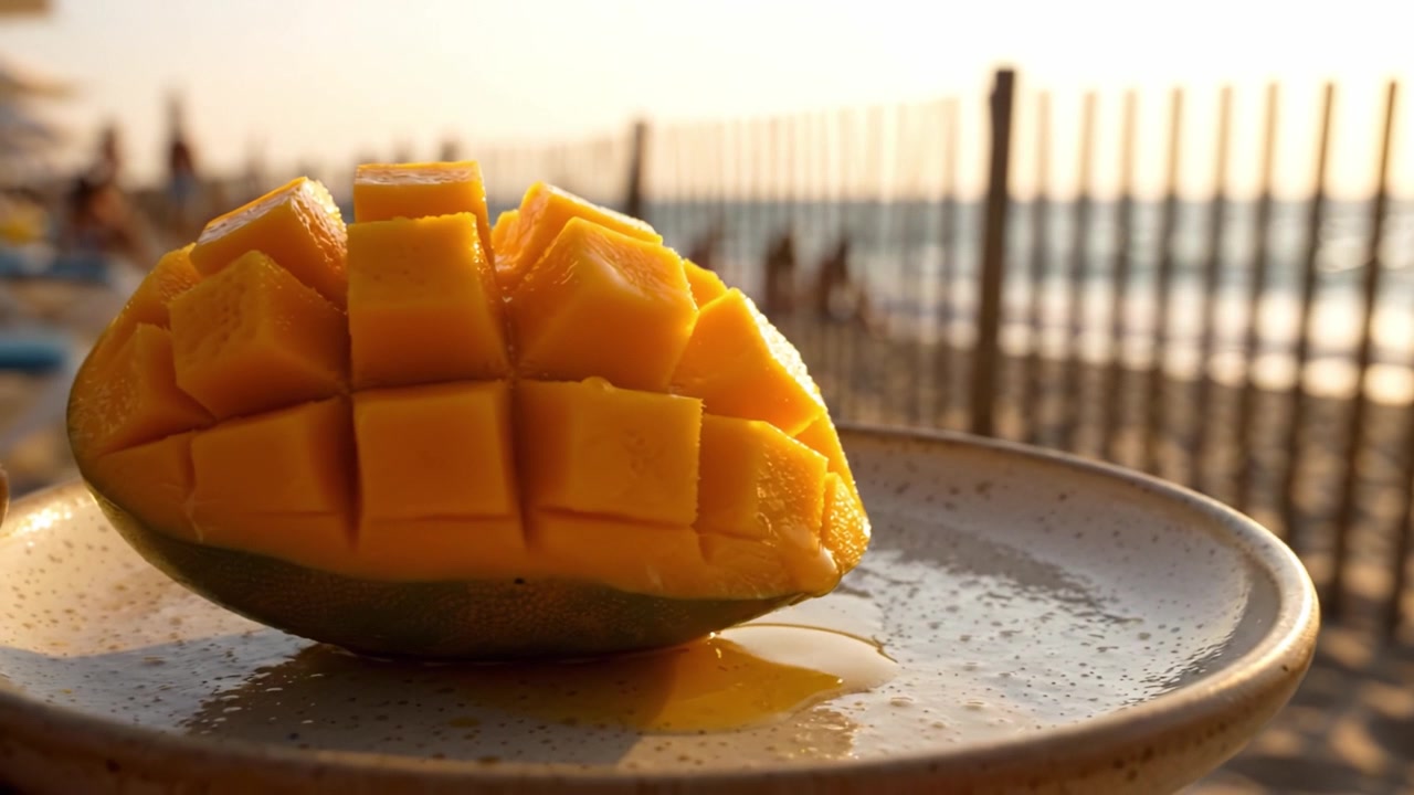 Pyszne plastry mango na plażowym talerzu o zachodzie słońca, z falami i ludźmi cieszącymi się wieczorem wzdłuż brzegu w relaksującej atmosferze.