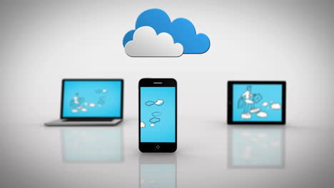 dispositivos de medios que muestran a un hombre de negocios progresando bajo las nubes