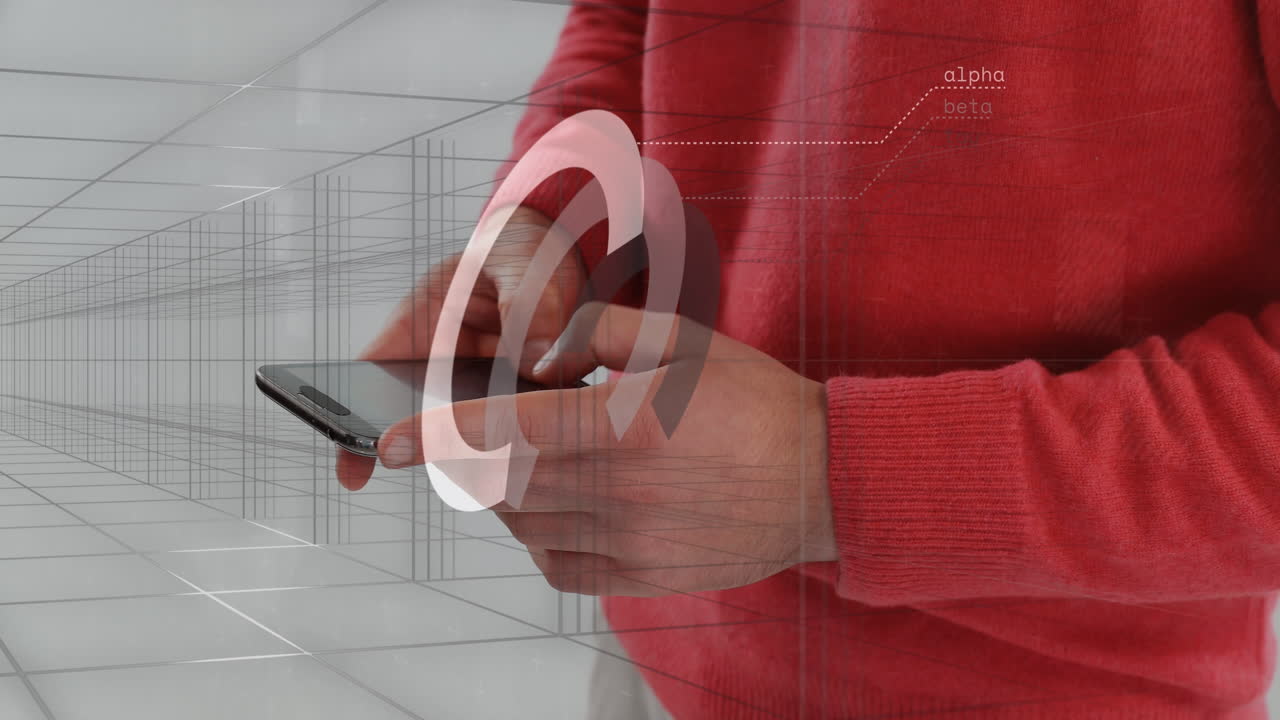 анимация обработки финансовых данных над кавказским бизнесменом с помощью смартфона