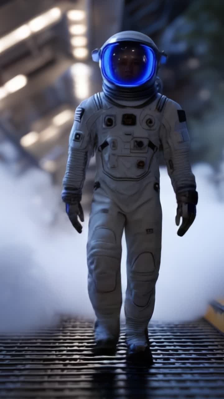 Seorang astronot berjalan dengan percaya diri melalui koridor pesawat ruang angkasa futuristik, dikelilingi kabut halus, mengabadikan momen eksplorasi dan petualangan di luar angkasa