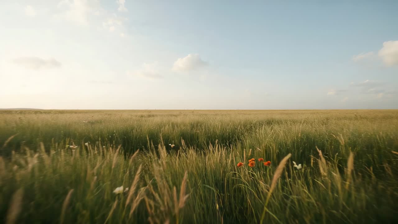 Moving camera tracking tall grasses while breeze bending stalks revealing wildflowers and horizon