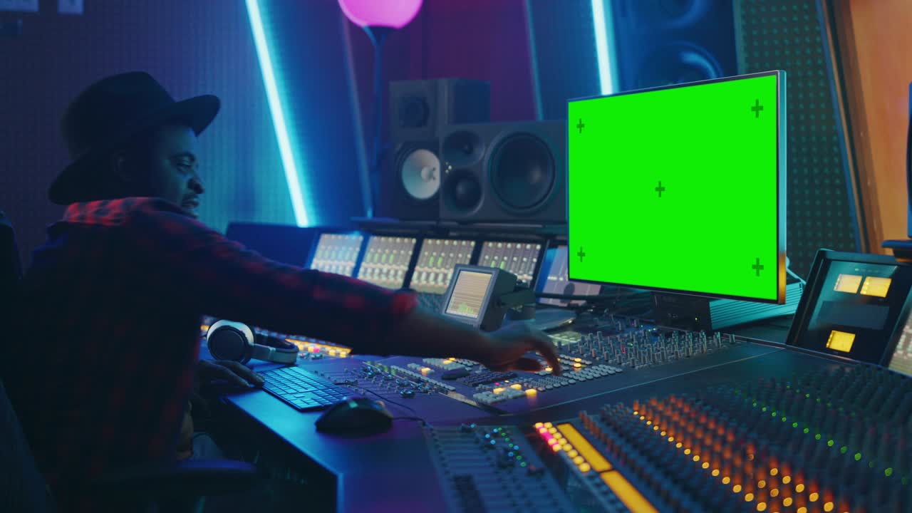 음악 레코드 스튜디오에서 일하는 스타일리시 오디오 엔지니어 프로듀서, 녹색 화면 크로마 키 컴퓨터 디스플레이, 서 보드 이라이저 및 컨트롤 데스크를 사용하여 새로운 히트 곡을 만니다.