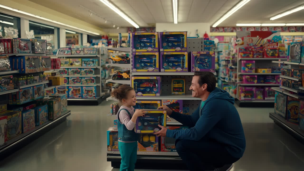 Father and daughter shopping for toys in a store