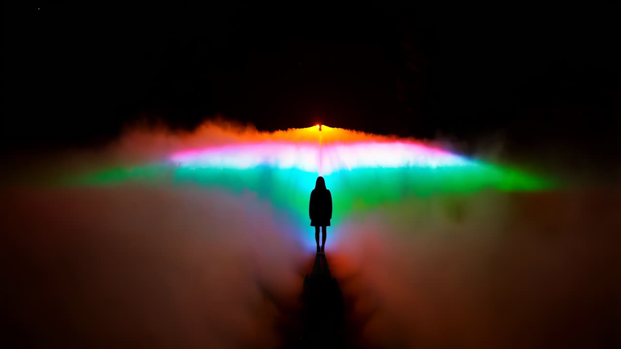 Person in front of a colorful night fountain