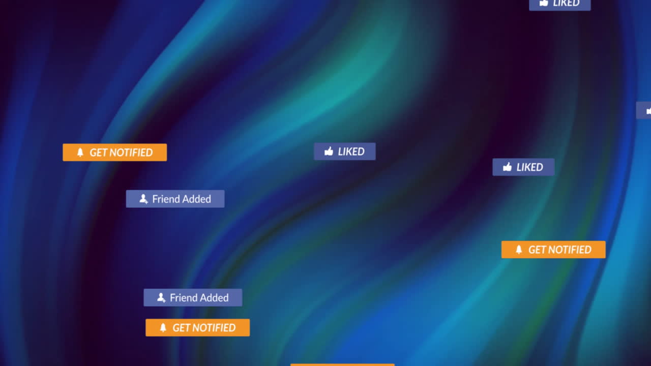 Floating notification banners swirling over blue green UI showing subscribed get notified liked