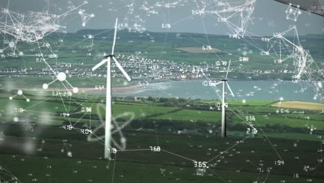 animation of networks of connections and numbers with wind turbines in background