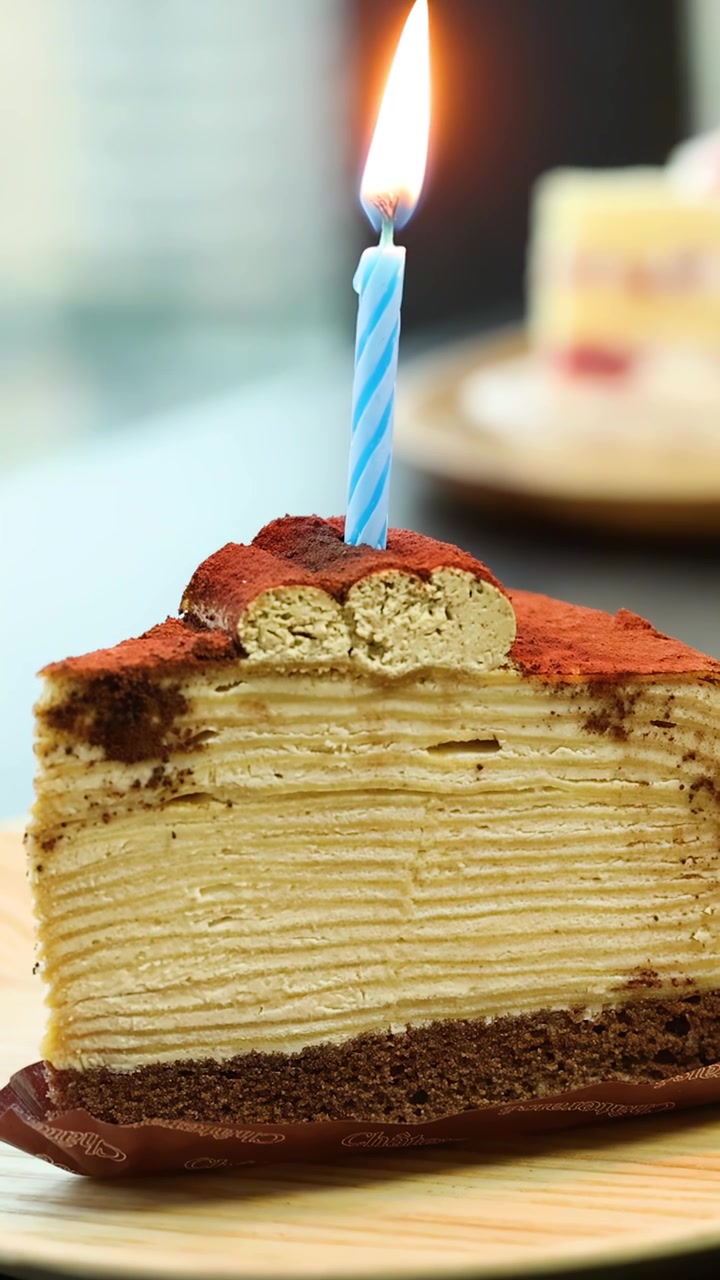 青いろうそくが燃えるティラミスクレープケーキ、自然光、浅い被写界深度、クローズアップ