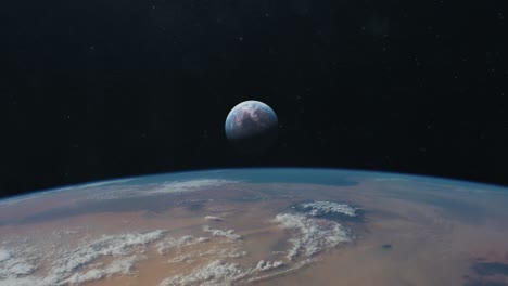 la cámara se inclina hacia arriba para revelar un exoplaneta distante.