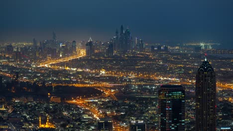 twilight illumination dubai city traffic rooftop panorama timelapse 4k united arab emirates