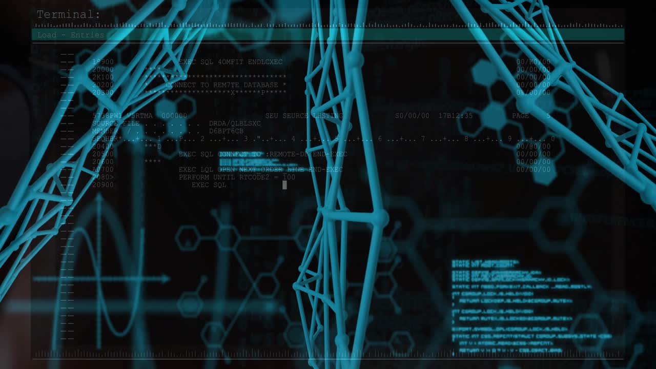 Cyan lattice shifting with incoming data, exposing code blocks and hex icons for tech monitoring
