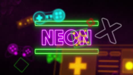 animation of neon text and gaming icons on black background