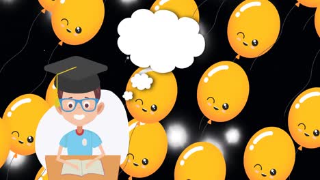 Animation-of-schoolboy-icon-with-speech-bubble-over-balloons-on-black-background