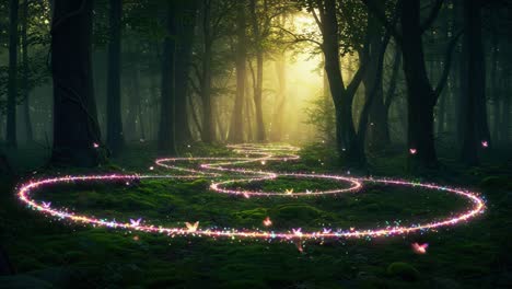 A Magical Forest Pathway Illuminated by Glittering Light Trails and Enchanted Butterflies, Creating an Otherworldly Atmosphere Amidst the Lush Greenery