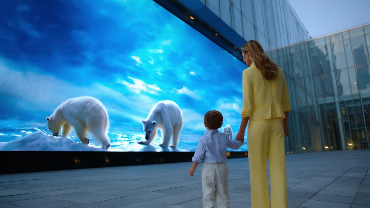 A mother and child admire a stunning digital display of polar bears against a breathtaking icy ocean backdrop, accompanied by an azure sky, drawing viewers into the beauty of nature and wildlife