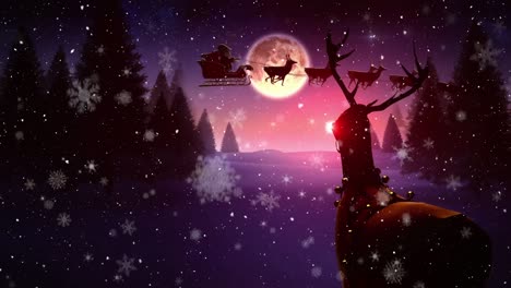 Animation-of-santa-claus-in-sleigh-over-snow-falling,-reindeer-and-winter-landscape