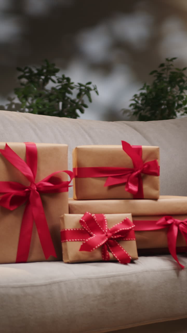 Wrapped gifts with red ribbons