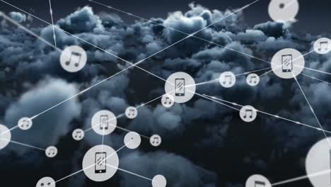 red de iconos digitales contra nubes oscuras en el cielo