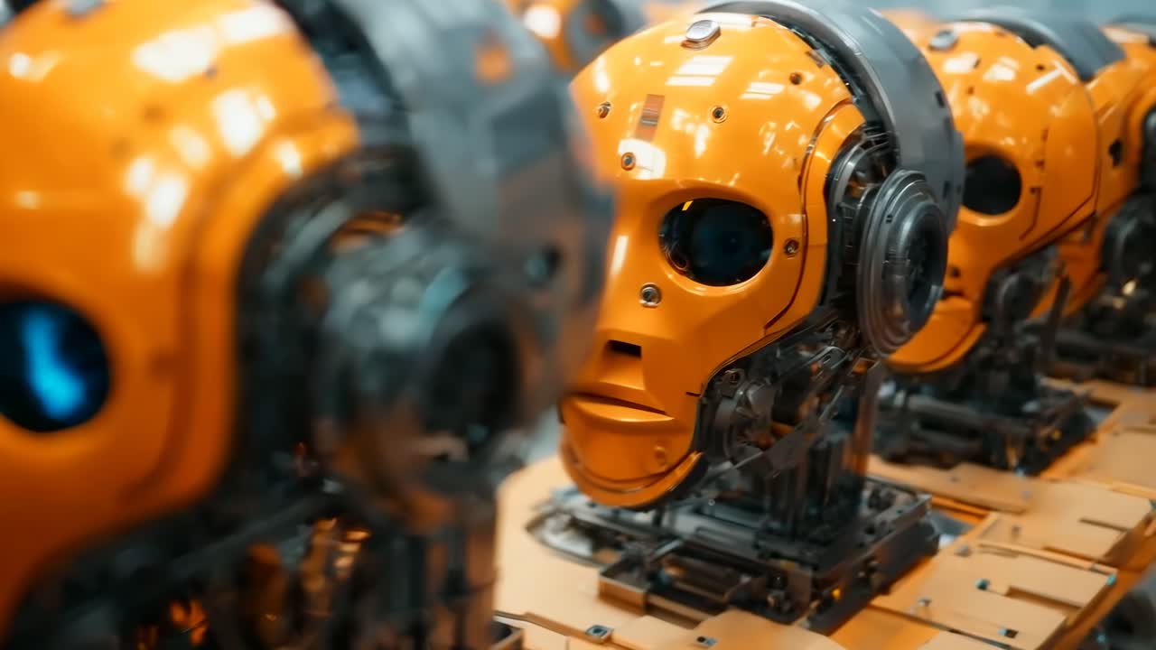 una fila di robot arancione seduti in cima a un tavolo