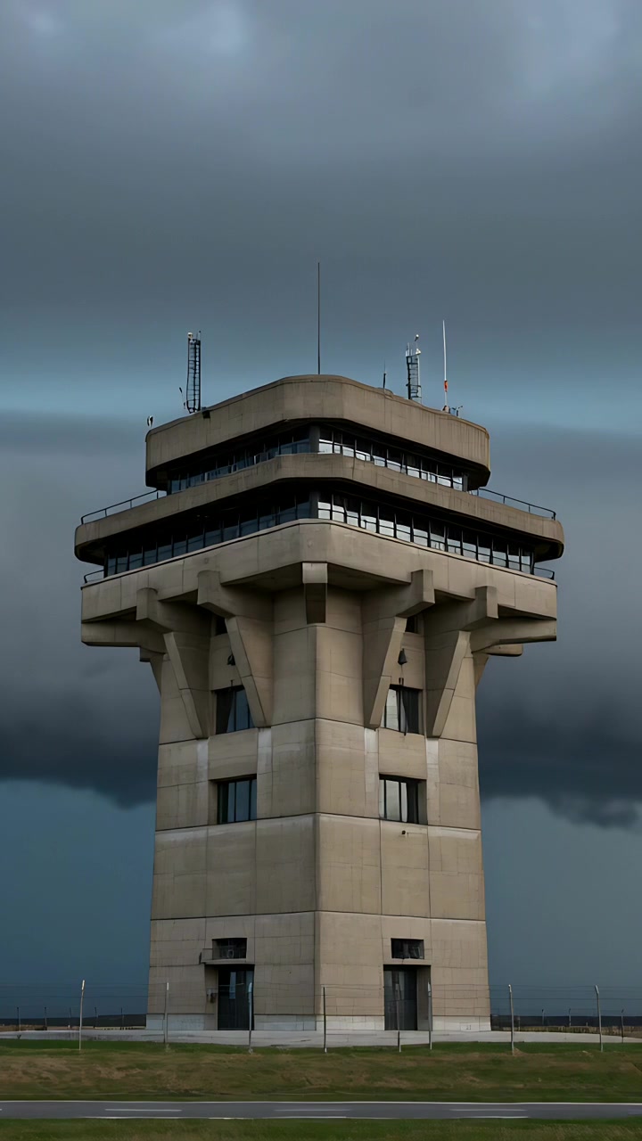 Video verticale: Nuvole che si addensano e oscurano il cielo sopra la torre di controllo su una pista asfaltata, con antenne