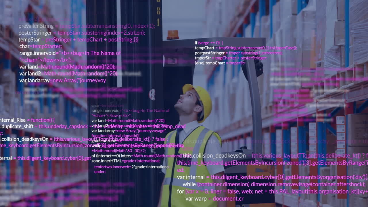 Warehouse worker in safety gear with programming code overlay animation