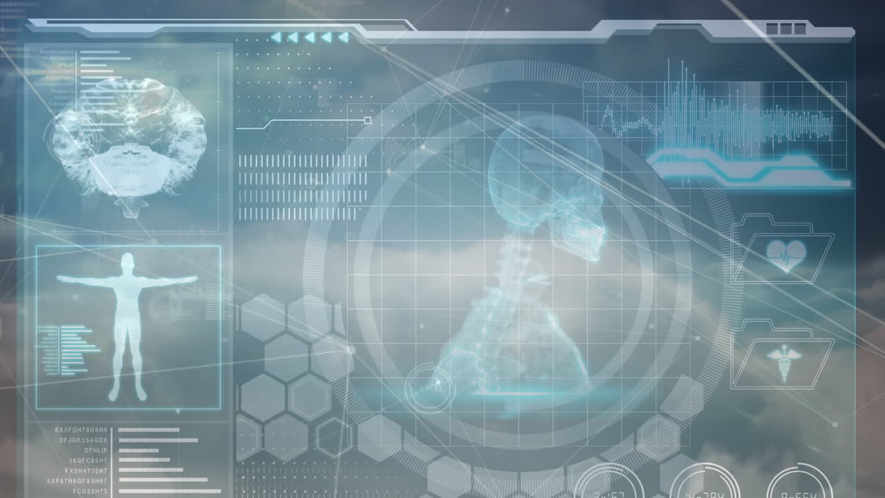 인간의 뇌와 의료 데이터 처리에 대한 연결 네트워크의 애니메이션 화면