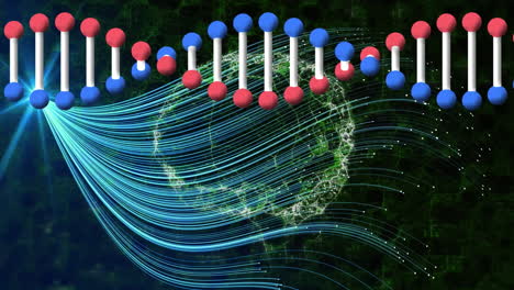 animation of dna strand and digital human brain over blue lines on black background