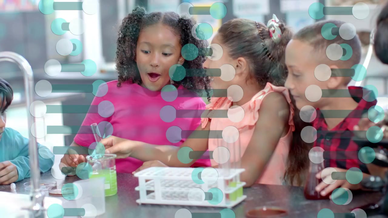 3 kids at lab one child stirring beaker trading tubes for science overlay appearing then clearing