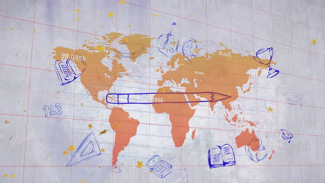 animación de dibujo de libro, lápiz, números, globo, bolsa, cartón de mortero sobre el mapa